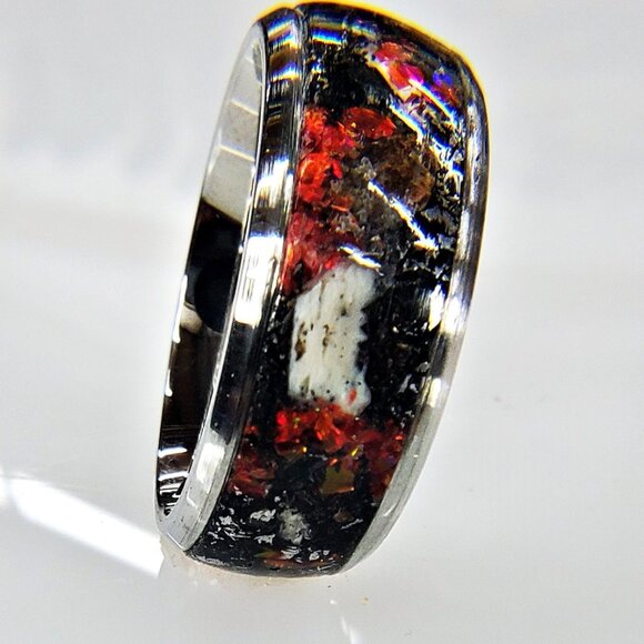 "Extinction" Ring with Dinosaur Bone, Meteorite Shavings & Red Opal - Picture 1 of 6